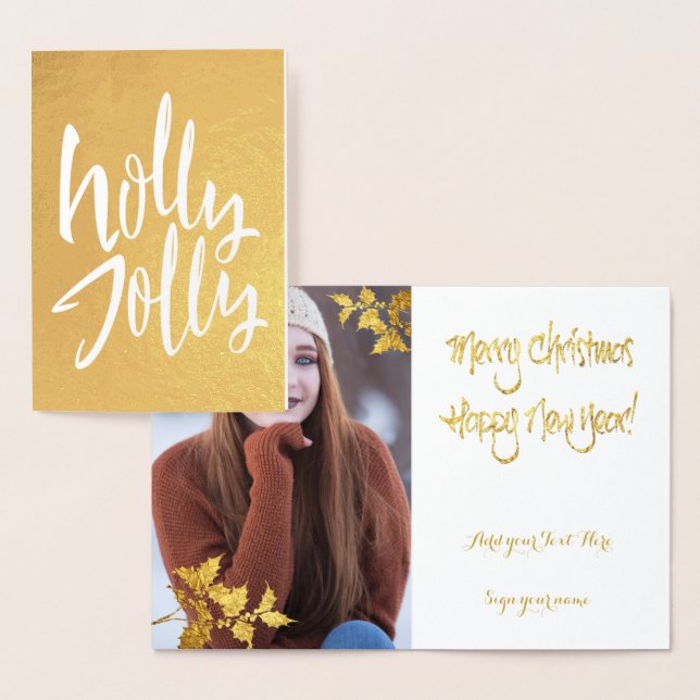 Gold Foil Holly Jolly jul DIN PHOTO Inside Folierat Kort (Display)