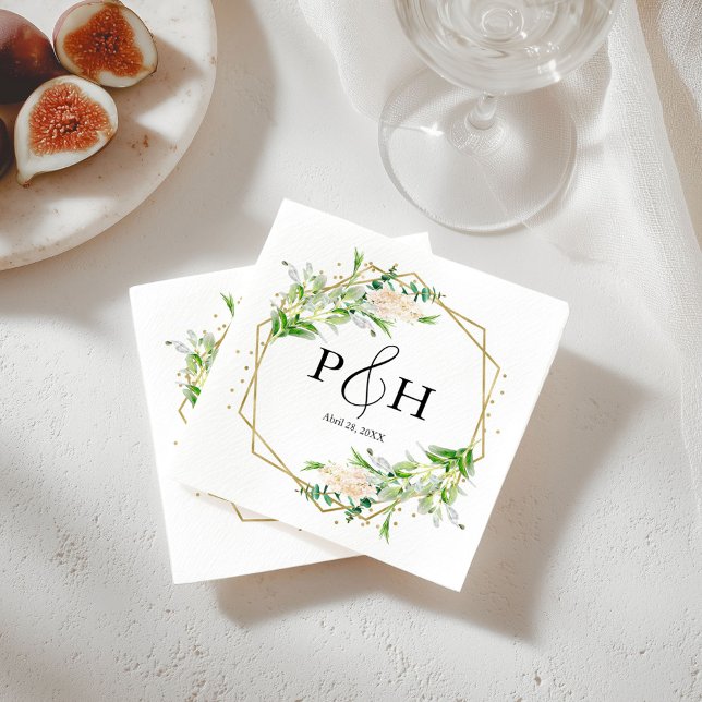 Gold Foil Monogram Geometric Greenery Bröllop Pappersservett (Skapare uppladdad)
