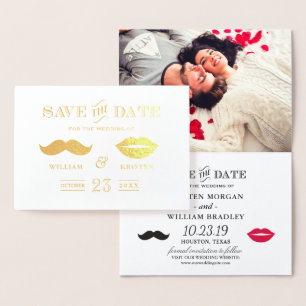 Gold Foil Mustache Läppar Bröllop spara datum Folierat Kort