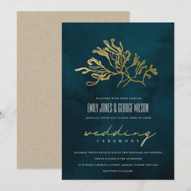 GOLD FOIL NAVY UNDERVATTEN SJÖGRÄS WEDDING INVITE TACK KORT (Fram/baksida)
