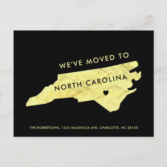 Gold Foil North Carolina Karta Black Ny adress Meddelande Vykort (Framsida)