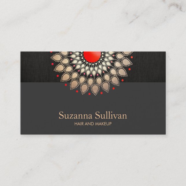 Gold Foil och Red Black Linen look Cosmetology Visitkort (Framsida)