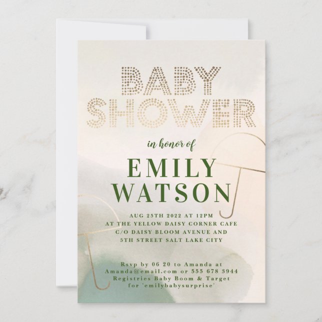 Gold Foil Parbrella Mörk Moss Grönt Baby Shower Inbjudningar (Framsida)