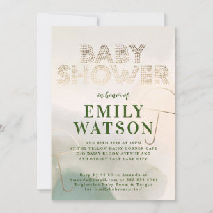 Gold Foil Parbrella Mörk Moss Grönt Baby Shower Inbjudningar