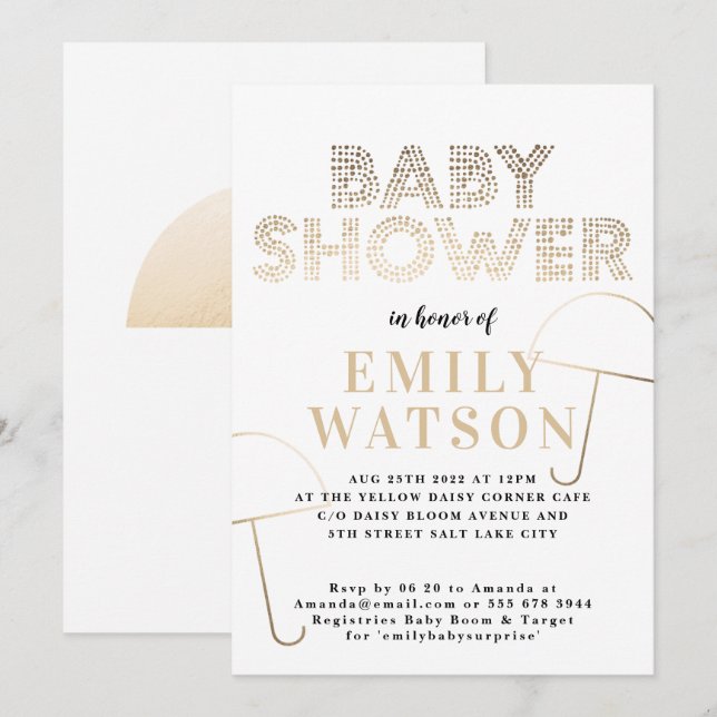 Gold Foil Parbrella White Baby Shower Inbjudningar (Fram/baksida)