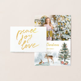 Gold Foil Peace Joy Kärlek Woodland - julfoto Folierat Kort