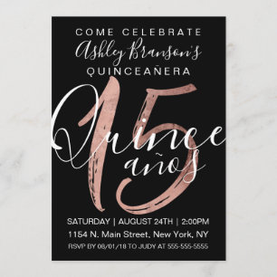 Gold Foil Quinceañera (ung. enkel svart Ro) Inbjudningar