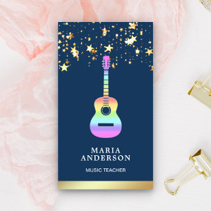 Gold Foil Rainbow Guitar Music Teacher Guitarist Visitkort