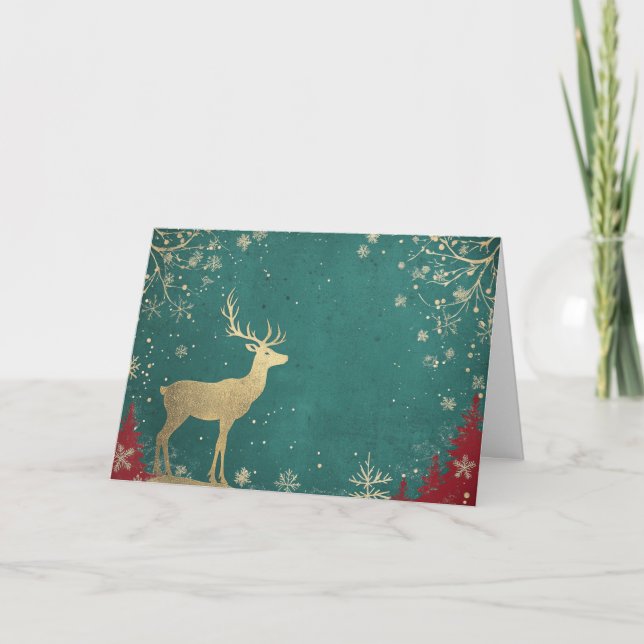 Gold Foil Reindeer på Grönt Snowfalls Kort (Framsida)
