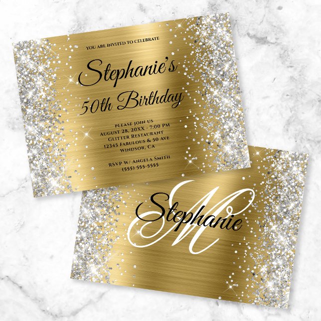 Gold Foil Silver Glitter Monogram Birthday Inbjudningar (Skapare uppladdad)