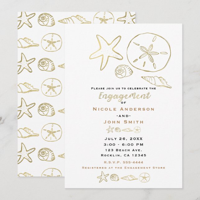 Gold Foil Snäckors Chic Beach Förlovning Inbjudningar (Fram/baksida)