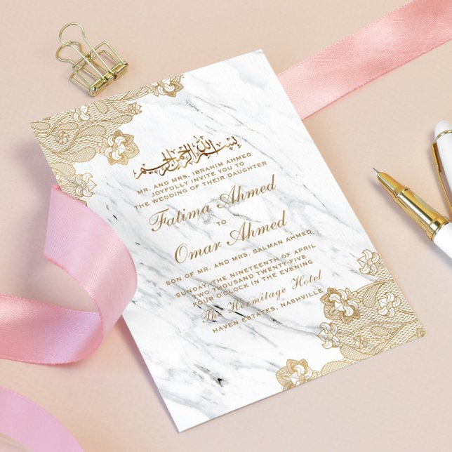 Gold Foil Snöre Marble White Islamic Bröllop Inbjudningar (Skapare uppladdad)