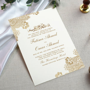 Gold Foil Snöre Ornate White Islamic Bröllop Inbjudningar