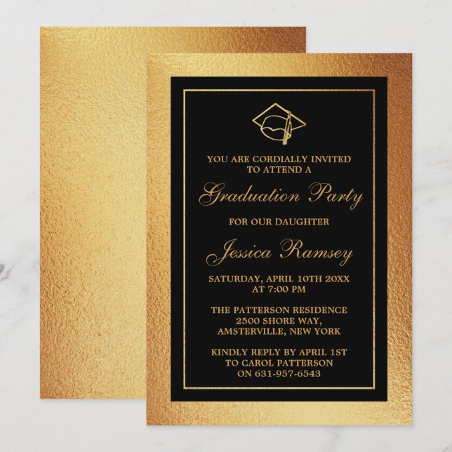 Gold Foil Studenten Hat Studentfest Inbjudningar (Fram/baksida)