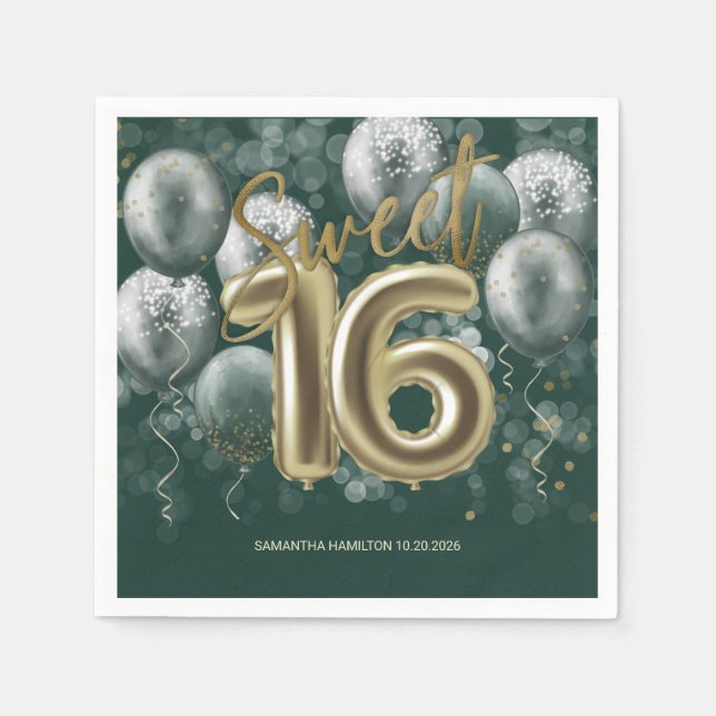 Gold Foil Sweet 16 Bday Balloons Emerald Grönt Pappersservett (Framsidan)