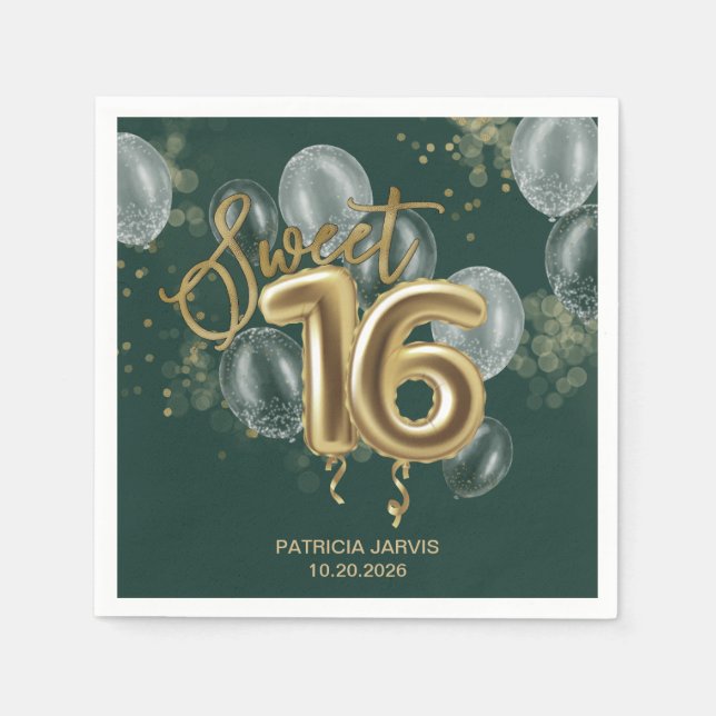 Gold Foil Sweet 16 Bday Balloons Emerald Grönt Pappersservett (Framsidan)