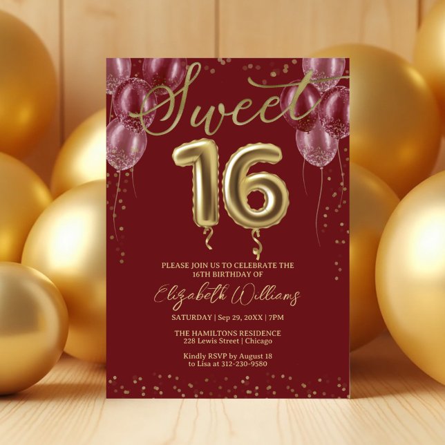 Gold Foil Sweet 16 Birthday Balloons Burgundy Inbjudningar (Skapare uppladdad)
