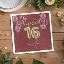 Gold Foil Sweet 16 Birthday Balloons Burgundy Napk