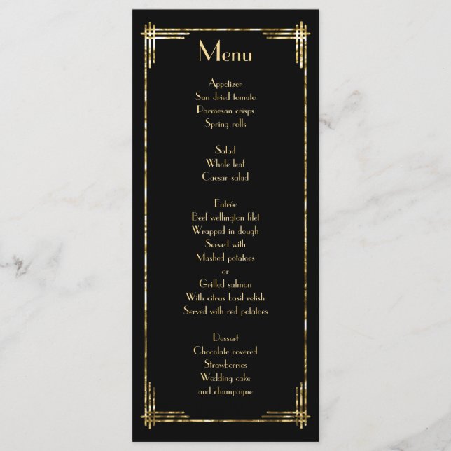 Gold Foil Underbar Gatsby Art Deco Bröllop Menu Bl Meny (Framsida)