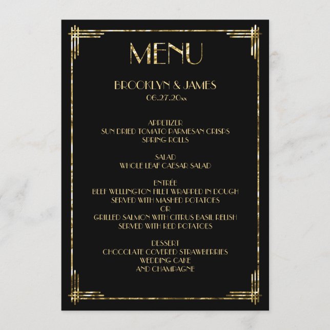 Gold Foil Underbar Gatsby Art Deco Bröllop Menu Bl Meny (Framsida)