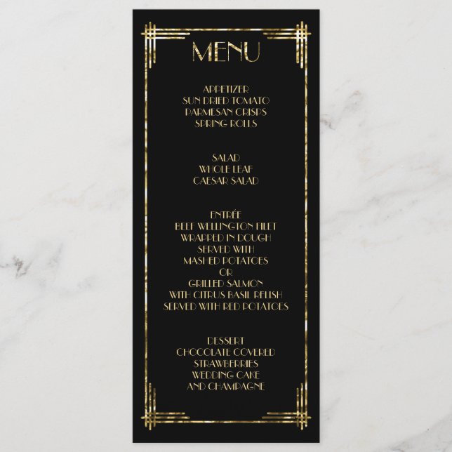 Gold Foil Underbar Gatsby Art Deco Bröllop Menu Bl Meny (Framsida)