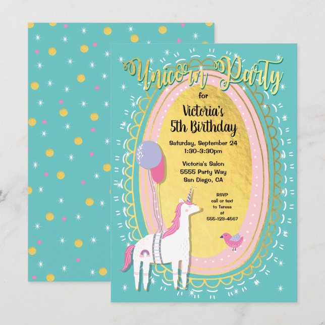 Gold Foil Unicorn Födelsedagsfest inbjudan (Fram/baksida)