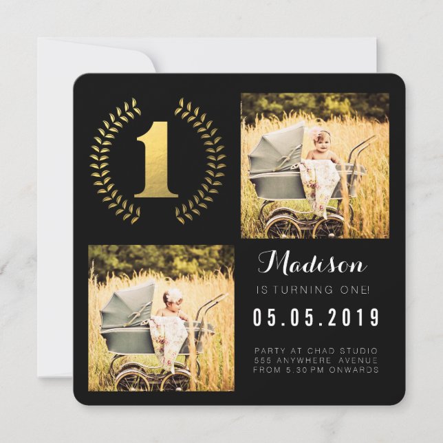 Gold Foil Wandeans 1:a födelsedagsfoto Inbjudningar (Framsida)