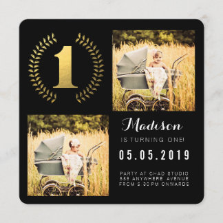 Gold Foil Wandeans 1:a födelsedagsfoto Inbjudningar