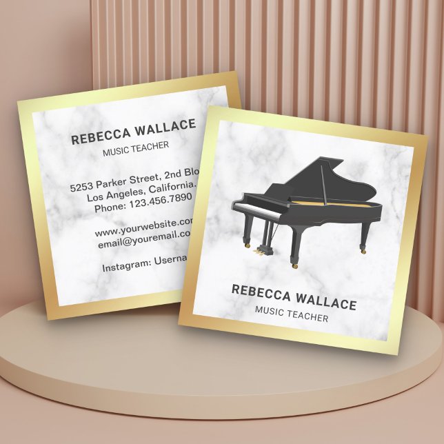 Gold Foil White Marble Grand Piano Teacher Pianist Fyrkantigt Visitkort (Skapare uppladdad)