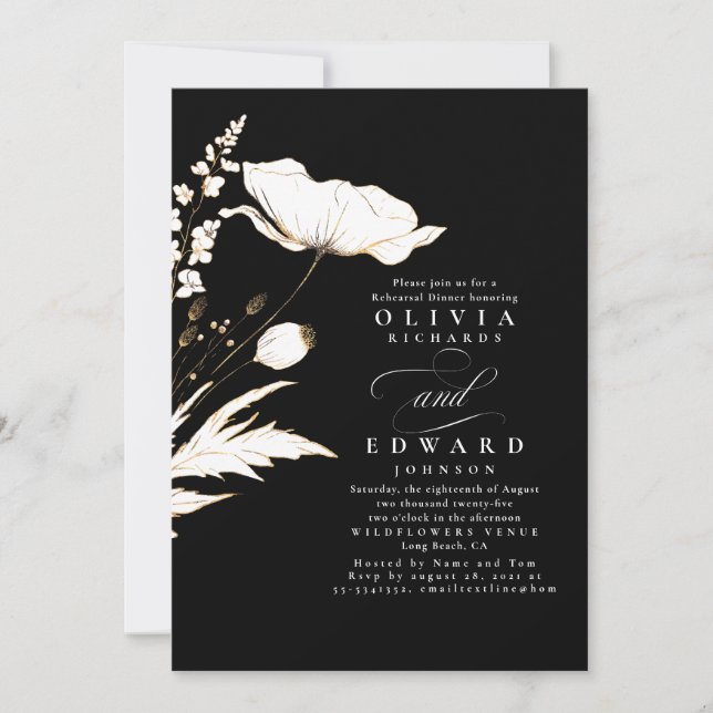 Gold Foil Wildblommor Black Rehearsal Dinner Inbjudningar (Framsida)