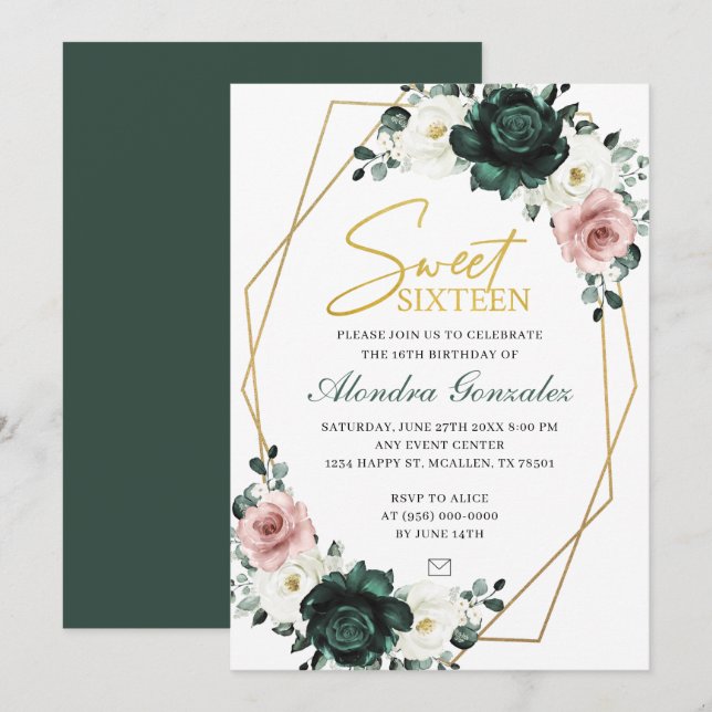 Gold frame emerald green floral Sweet 16 invite Inbjudningar (Fram/baksida)