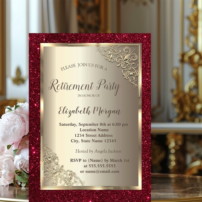  Gold Frame,Gold,Red Glitter Retirement  Inbjudningar (Skapare uppladdad)