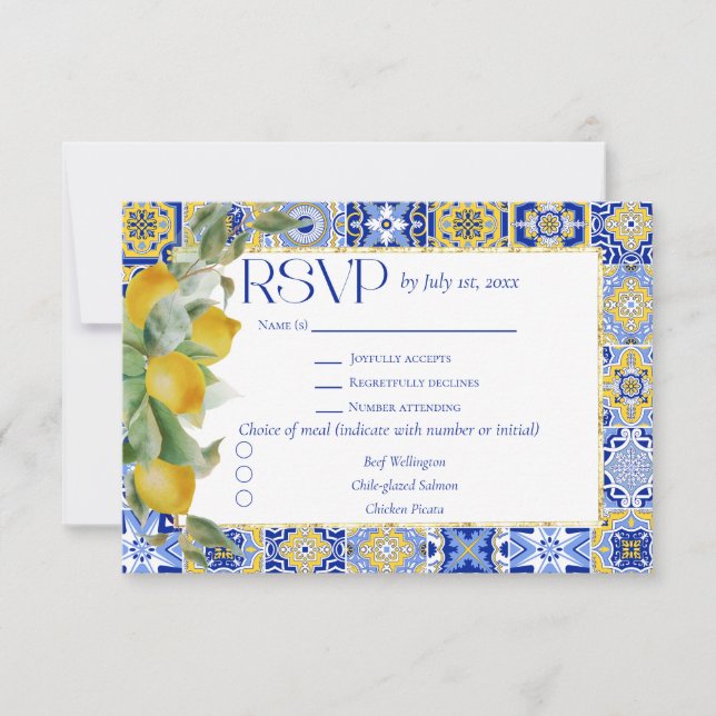 Gold Frame Italian Blue Tile Lemon Meal Wedding OSA Kort (Framsida)