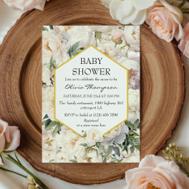 Gold Frame Ivory Peony Garden Baby Shower Inbjudningar