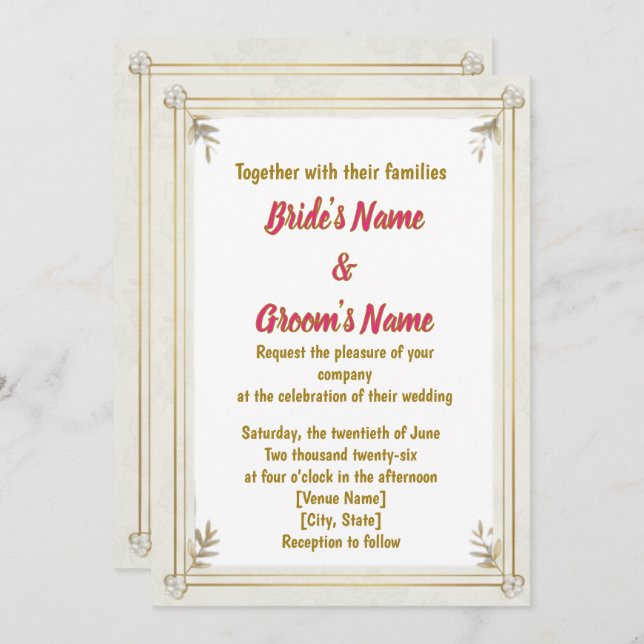 Gold Frame Pearl Floral Wedding Invitation Julkort (Fram/baksida)