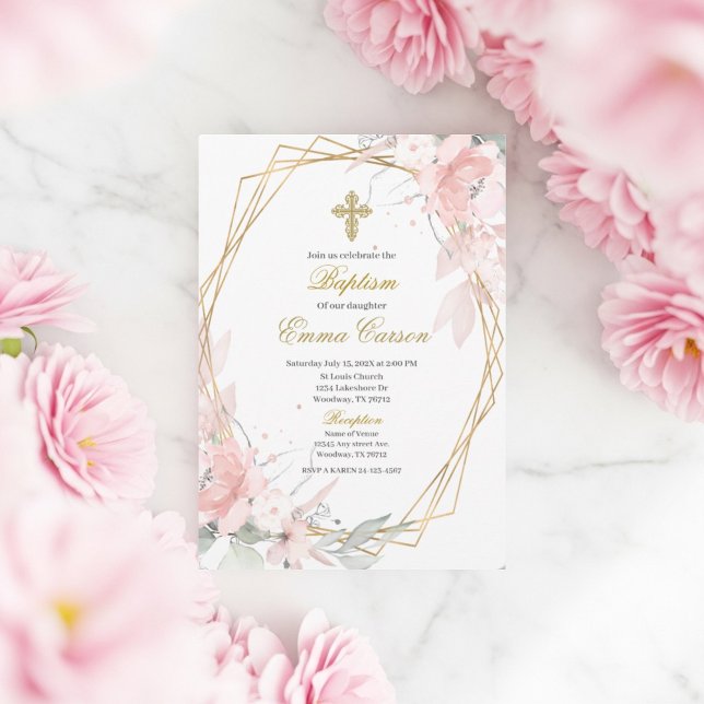 Gold frame pink blush floral baptism inbjudningar (Skapare uppladdad)