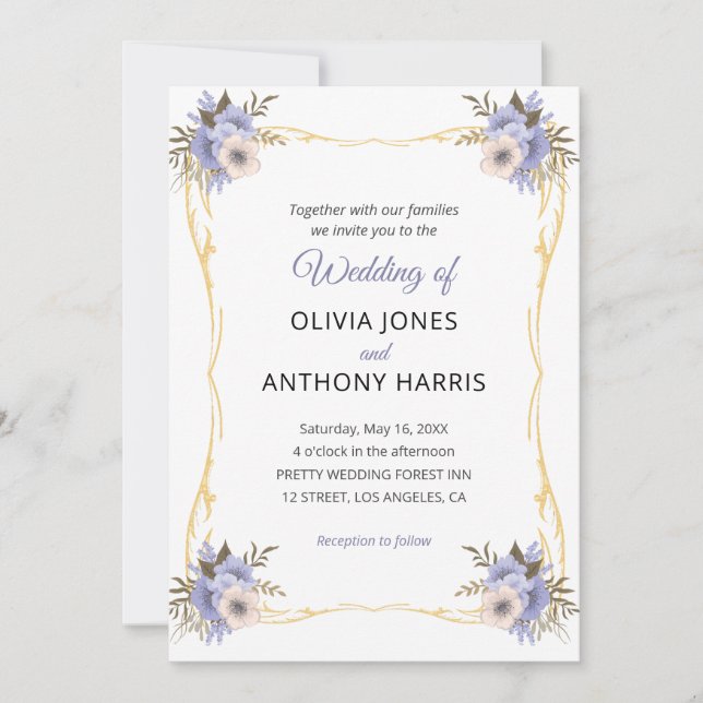 Gold Geometric Rustic Purple Floral Wedding  Inbjudningar (Framsida)