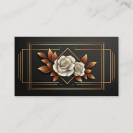 Gold Geometric White Rose Floral Midnight Black Visitkort