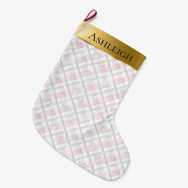Gold Glam Pink White Heart Stripes Christmas  Stor Julstrumpa (Framsidan (Hängande))
