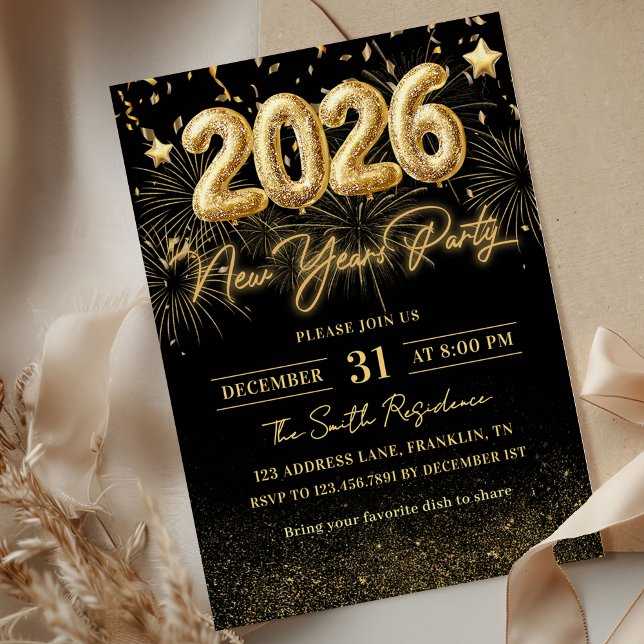 Gold Glitter 2026 New Year Party Invitation Inbjudningar (Skapare uppladdad)