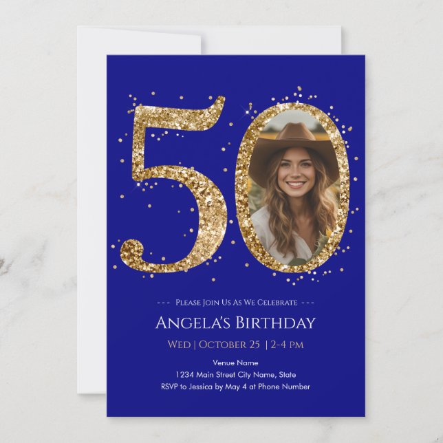 Gold Glitter 50th Birthday Photo Invitation Inbjudningar (Framsida)