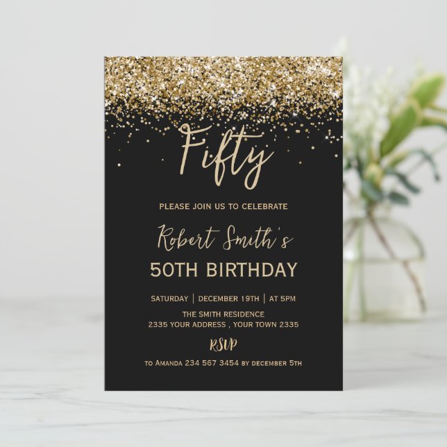 Gold Glitter 50th Surprise Birthday Party Black Inbjudningar (Stående Fram)