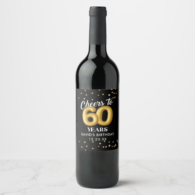 Gold Glitter 60th Birthday Party Wine Label Vinflaska Etikett (Framsida)