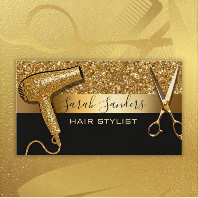 Gold Glitter & Black Glam Hair Stylist  Visitkort (Skapare uppladdad)