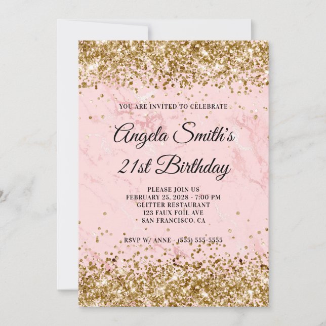 Gold Glitter Blush Pink Marble 21st Birthday Inbjudningar (Framsida)