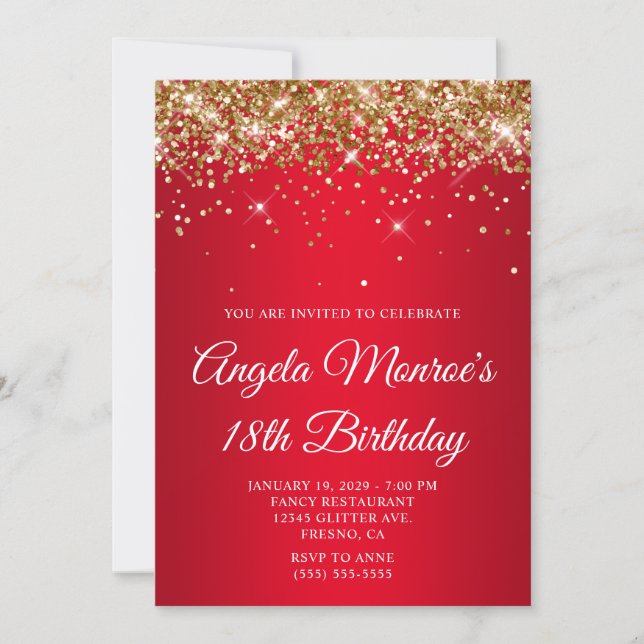 Gold Glitter Bright Red Gradient 18th Birthday Inbjudningar (Framsida)