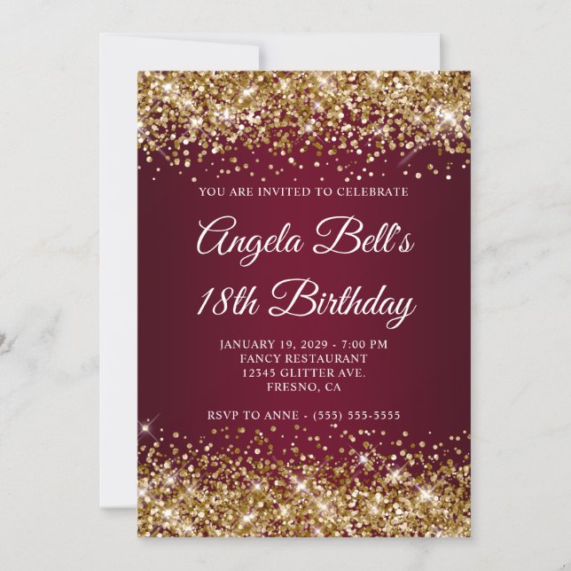 Gold Glitter Burgundy Ombre 18th Birthday Inbjudningar (Framsida)