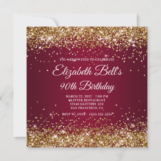 Gold Glitter Burgundy Ombre 90th Birthday Inbjudningar (Framsida)