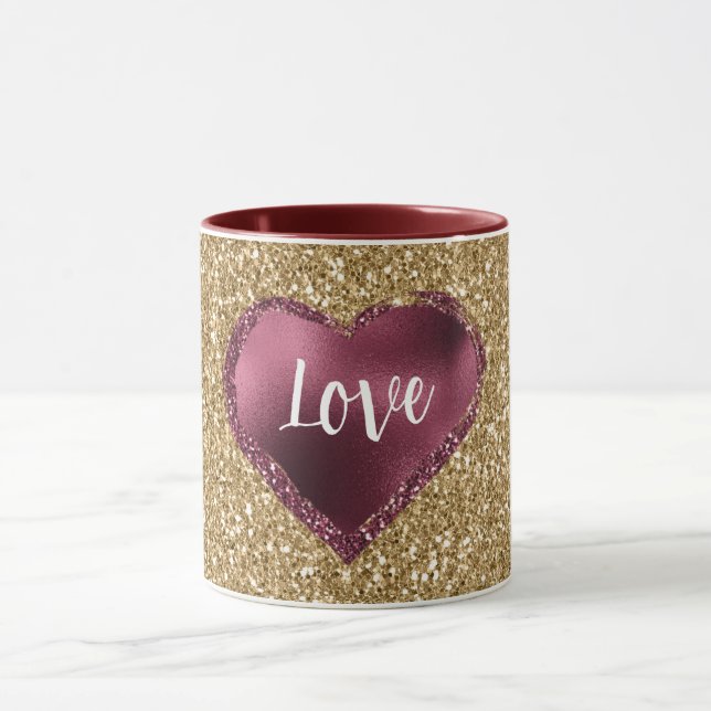 Gold Glitter Burgundy Red Heart Love Mugg (Center)
