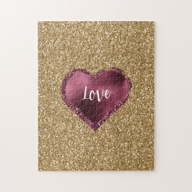 Gold Glitter Burgundy Red Heart Love Pussel (Vertikal)
